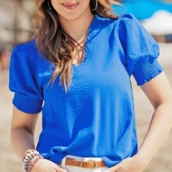 Cinched V Ruched Puff Sleeve Blouse