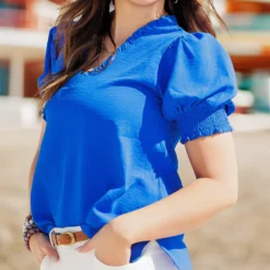 Cinched V Ruched Puff Sleeve Blouse 27 Cinched V Ruched Puff Sleeve Blouse -Women's Clothing Store becca NEW marchweek20645