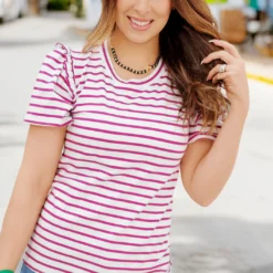 Ruffled Shoulder Striped Tee 24 Ruffled Shoulder Striped Tee -Women's Clothing Store becca NEW week3FEB0113