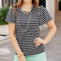 Ruffled Shoulder Striped Tee 36 Ruffled Shoulder Striped Tee -Women's Clothing Store becca NEW week3FEB0159