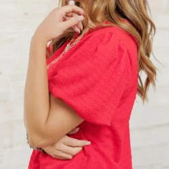 Textured Puff Sleeve V Blouse 18 Textured Puff Sleeve V Blouse -Women's Clothing Store becca NEW week4FEB0067