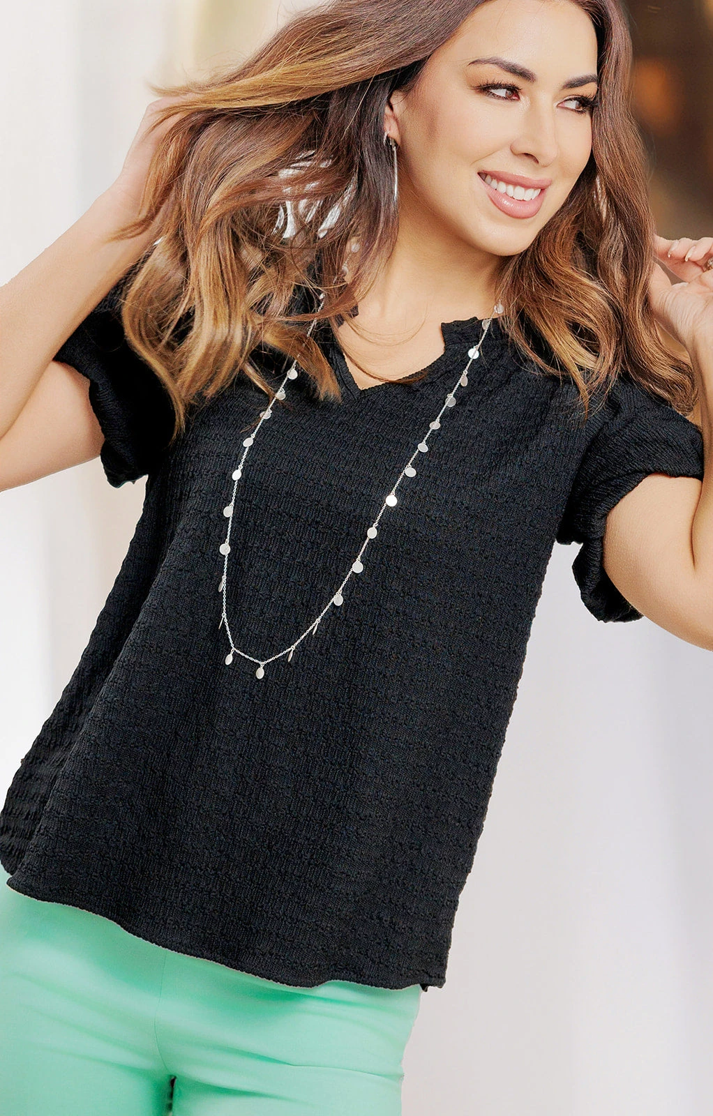 Textured Puff Sleeve V Blouse 3 Textured Puff Sleeve V Blouse - Image 3