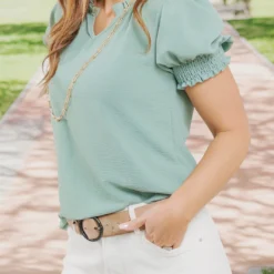 Ruched Puff Sleeve V Blouse -Women's Clothing Store becca NEW week4FEB0156