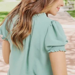 Ruched Puff Sleeve V Blouse -Women's Clothing Store becca NEW week4FEB0159