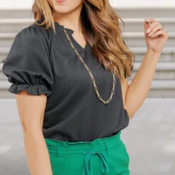 Textured Ruched Puff Sleeve Blouse -Women's Clothing Store becca NEW week4FEB0283