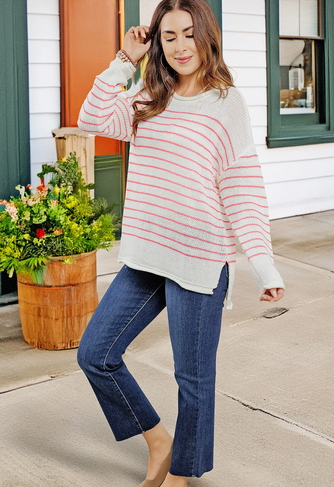 Lightweight Striped Side Slit Sweater 1 Lightweight Striped Side Slit Sweater