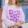 Checkered Floral Ribbed Graphic Crewneck