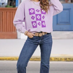 Checkered Floral Ribbed Graphic Crewneck -Women's Clothing Store becca NEW week4FEB0561