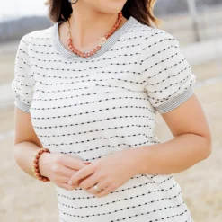Dashed Lines Striped Trim Tee -Women's Clothing Store becca TEST week1march0098