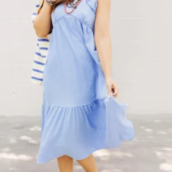 Textured Ruffle Trim V Midi Dress