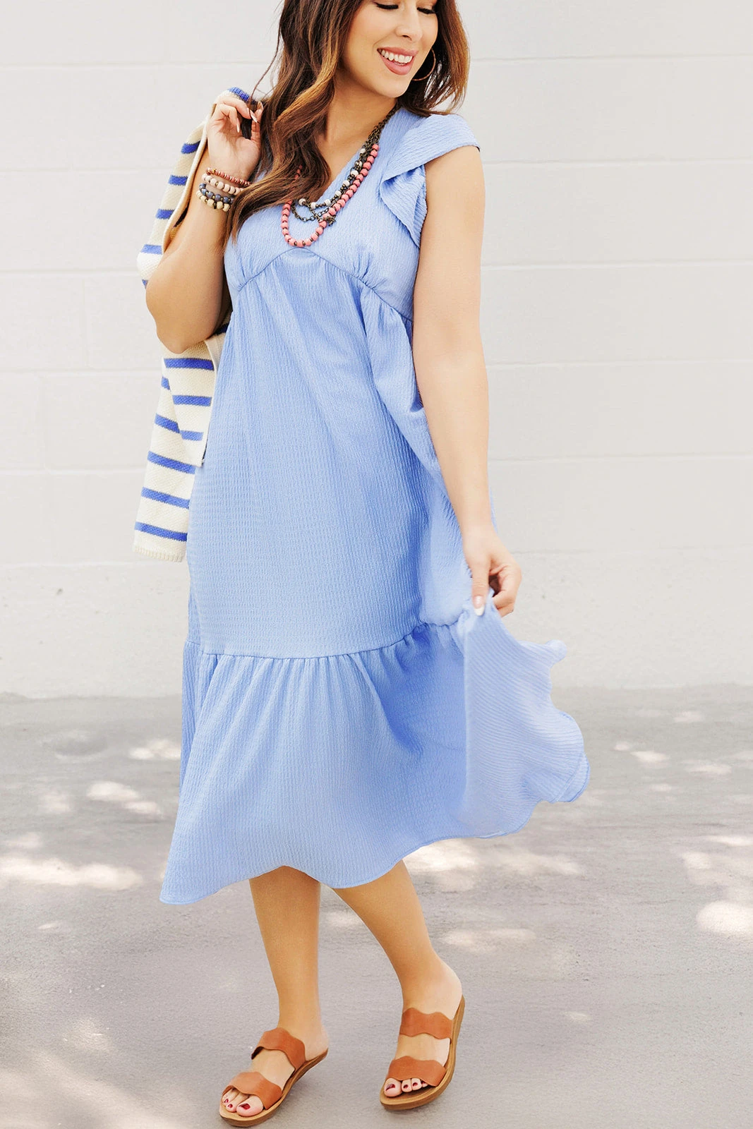 Textured Ruffle Trim V Midi Dress 1 Textured Ruffle Trim V Midi Dress