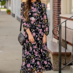 Blossoming Buds Long Sleeve Midi Dress