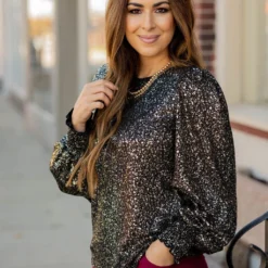 Foil Flecked Cinched Sleeve Blouse