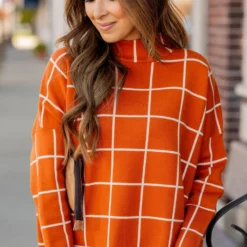 Grid High Low Mock Neck Sweater Tee -Women's Clothing Store grid high low mock neck sweater tee 253513