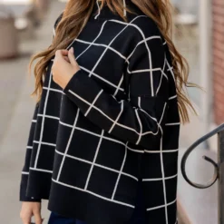 Grid High Low Mock Neck Sweater Tee -Women's Clothing Store grid high low mock neck sweater tee 410009