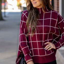 Grid High Low Mock Neck Sweater Tee -Women's Clothing Store grid high low mock neck sweater tee 482297