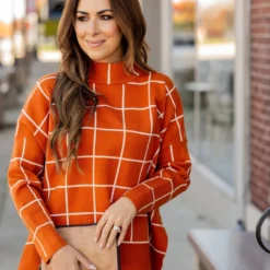 Grid High Low Mock Neck Sweater Tee -Women's Clothing Store grid high low mock neck sweater tee 511940