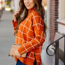 Grid High Low Mock Neck Sweater Tee -Women's Clothing Store grid high low mock neck sweater tee 530749