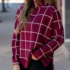 Grid High Low Mock Neck Sweater Tee -Women's Clothing Store grid high low mock neck sweater tee 700427