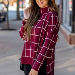 Grid High Low Mock Neck Sweater Tee -Women's Clothing Store grid high low mock neck sweater tee 801270