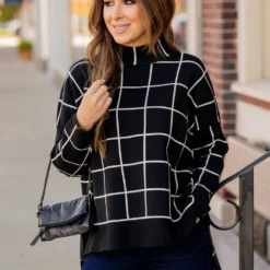 Grid High Low Mock Neck Sweater Tee -Women's Clothing Store grid high low mock neck sweater tee 903273