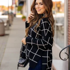 Grid High Low Mock Neck Sweater Tee -Women's Clothing Store grid high low mock neck sweater tee 915021