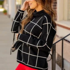 Grid Turtleneck Sweater -Women's Clothing Store grid turtleneck sweater 610750