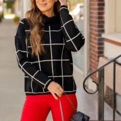 Grid Turtleneck Sweater -Women's Clothing Store grid turtleneck sweater 668277