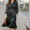 Ruffle Accented Long Sleeve Midi Dress