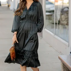 Ruffle Accented Long Sleeve Midi Dress