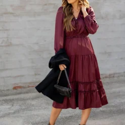 Ruffle Accented Long Sleeve Midi Dress 22 Ruffle Accented Long Sleeve Midi Dress -Women's Clothing Store ruffle accented long sleeve midi dress 397966