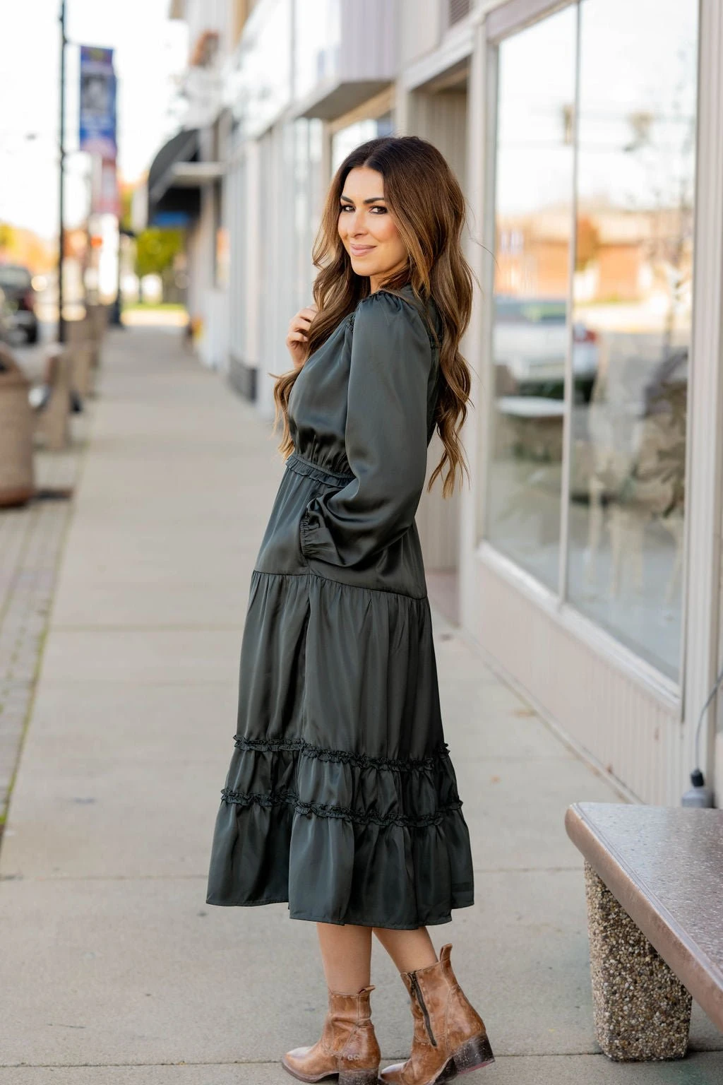 Ruffle Accented Long Sleeve Midi Dress 17 Ruffle Accented Long Sleeve Midi Dress - Image 17