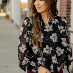 Sheer Floral Flutter Shoulder Blouse