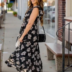 Sheer Floral Tie Waist Maxi Dress -Women's Clothing Store sheer floral tie waist maxi dress 821759