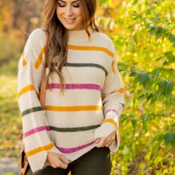 Striped Wide Sleeve Mock Neck Sweater