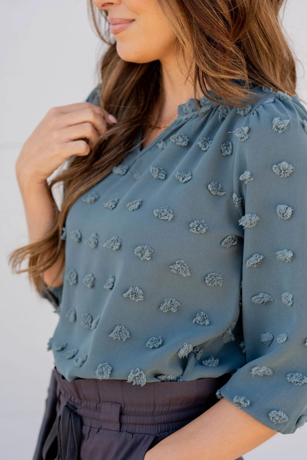 Textured Dot 3/4 Sleeve V Blouse 20 Textured Dot 3/4 Sleeve V Blouse - Image 20