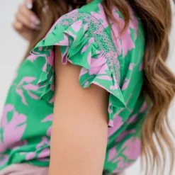 Floral Ruched Ruffle Trim Blouse -Women's Clothing Store untitled 0147