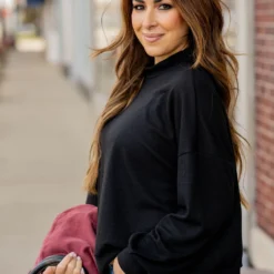 Waffled Mock Neck Sweater Tee -Women's Clothing Store untitled 0199