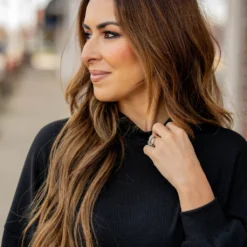 Waffled Mock Neck Sweater Tee -Women's Clothing Store untitled 0204