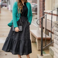 Mixed Stripes Ruffle Bottom Midi Skirt -Women's Clothing Store untitled 0329