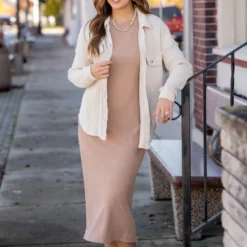 Lightly Ribbed Short Sleeve Midi Dress -Women's Clothing Store untitled 0355