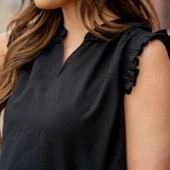 Pleated Ruffle Trim V Tank -Women's Clothing Store untitled 0356