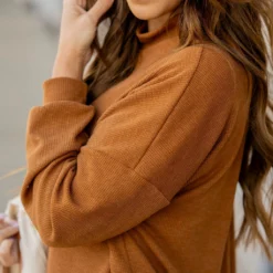 Waffled Mock Neck Sweater Tee -Women's Clothing Store untitled 0360