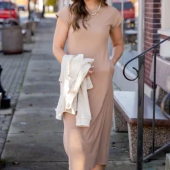 Lightly Ribbed Short Sleeve Midi Dress