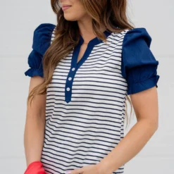 Striped Solid Puff Sleeve Tee