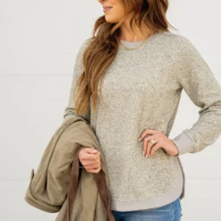 Waffled Side Slit Sweatshirt -Women's Clothing Store untitled 0495