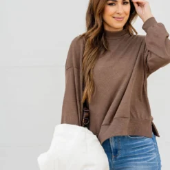 Waffled Mock Neck Sweater Tee -Women's Clothing Store untitled 0528