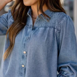 Denim Smocked Top Tunic Button Up 12 Denim Smocked Top Tunic Button Up -Women's Clothing Store untitled 0864