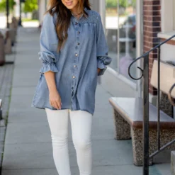 Denim Smocked Top Tunic Button Up 9 Denim Smocked Top Tunic Button Up -Women's Clothing Store untitled 0874
