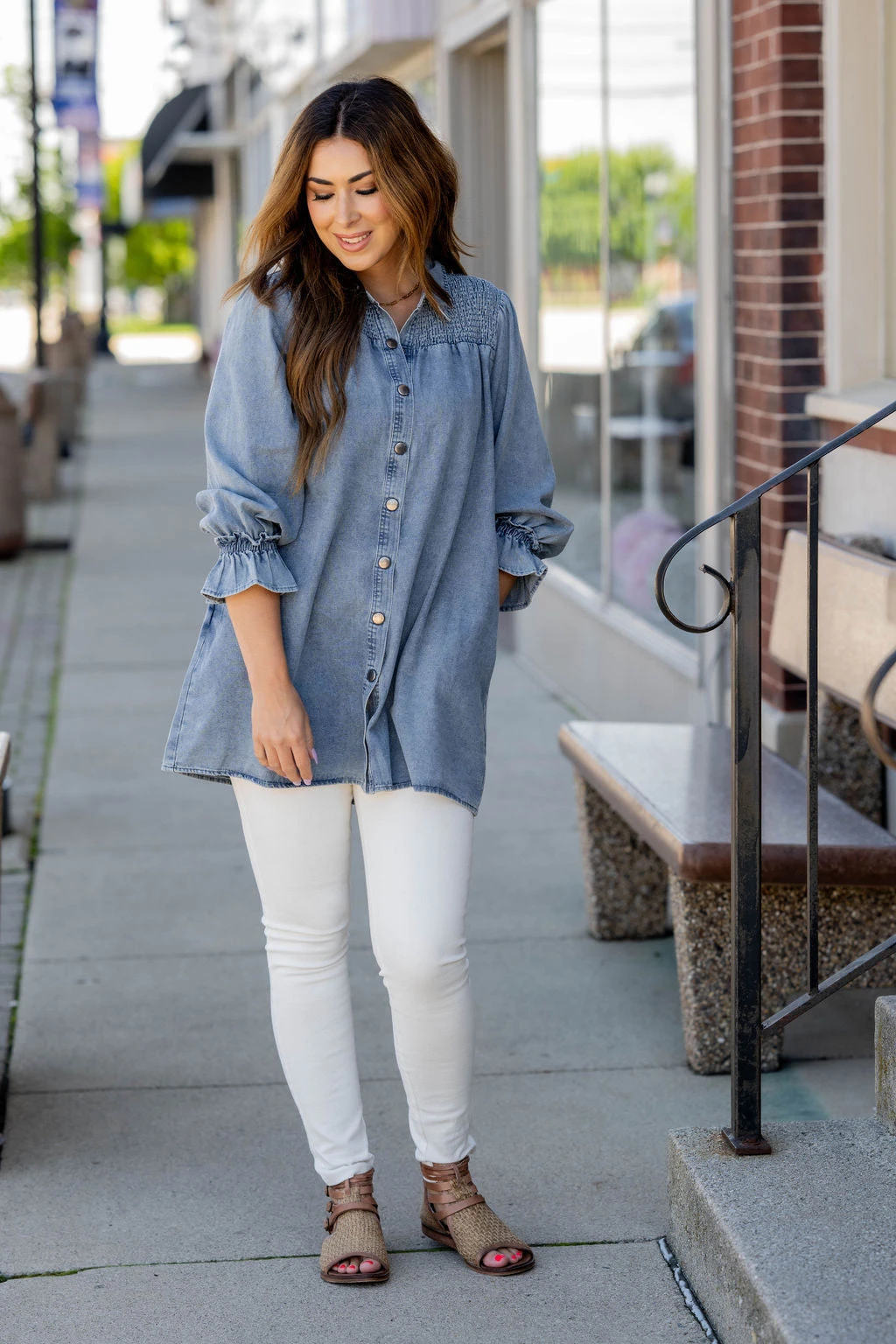 Denim Smocked Top Tunic Button Up 3 Denim Smocked Top Tunic Button Up - Image 3